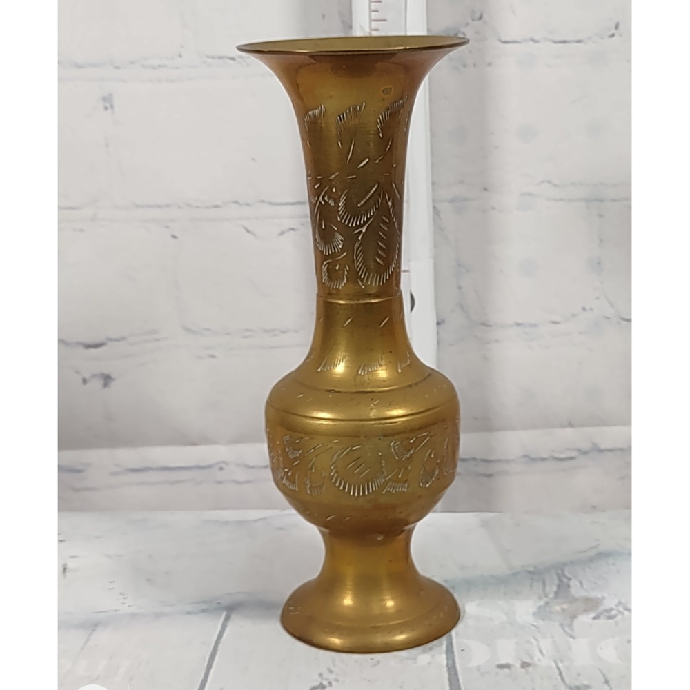 Vintage Hand Etched Brass Bud Vase 7 Inch Floral Leaf Design Made in India